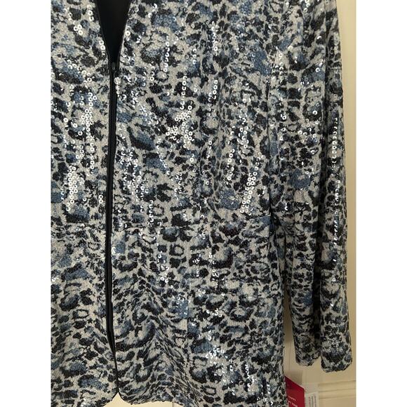 Alex Evenings Sequin Animal Print Full Zip Blazer Womens Size LP Black Blue NWT - Picture 2 of 8
